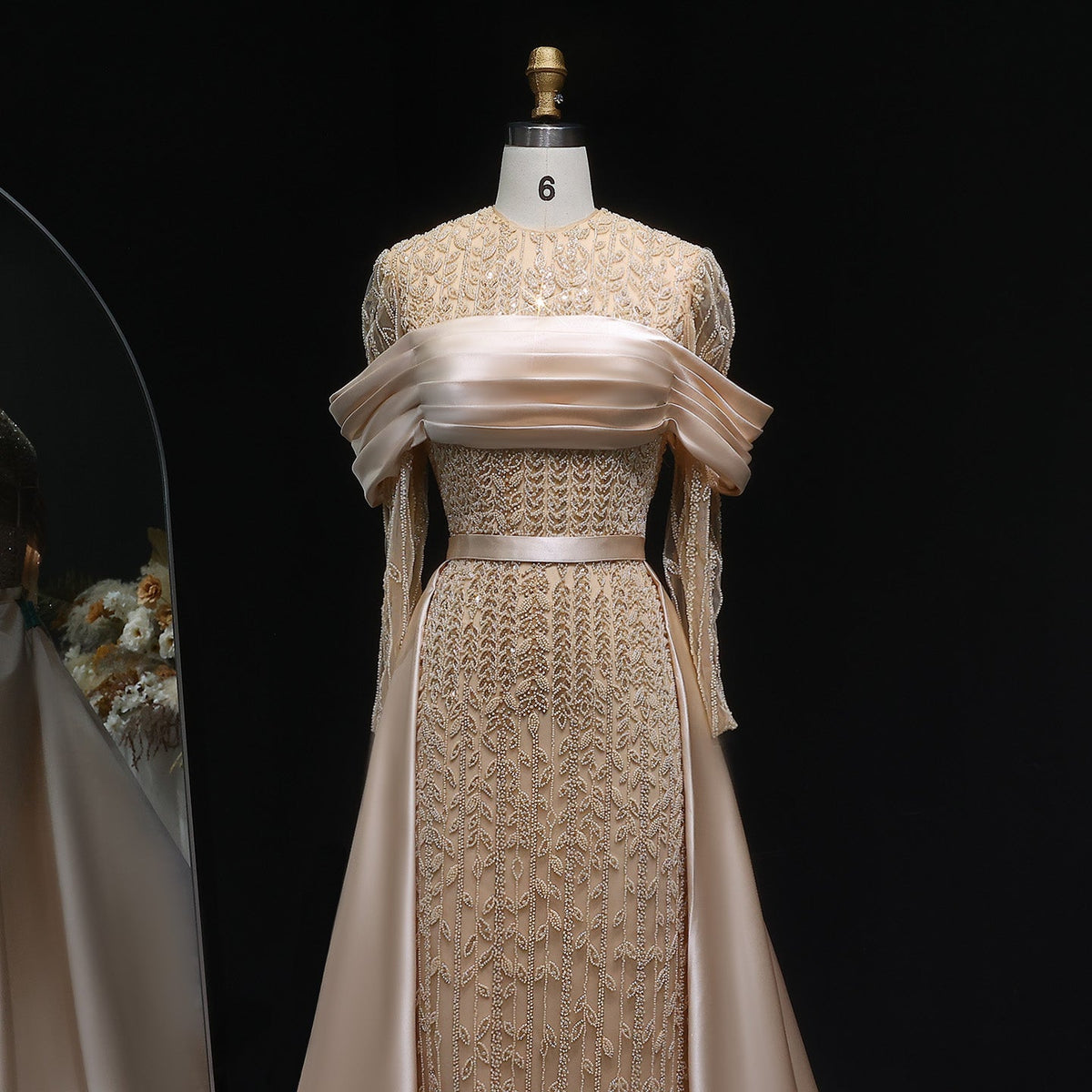 Elegant Arabic Champagne Beaded Evening Dress with Overskirt SS253