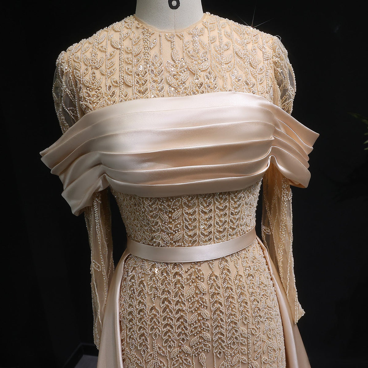 Elegant Arabic Champagne Beaded Evening Dress with Overskirt SS253