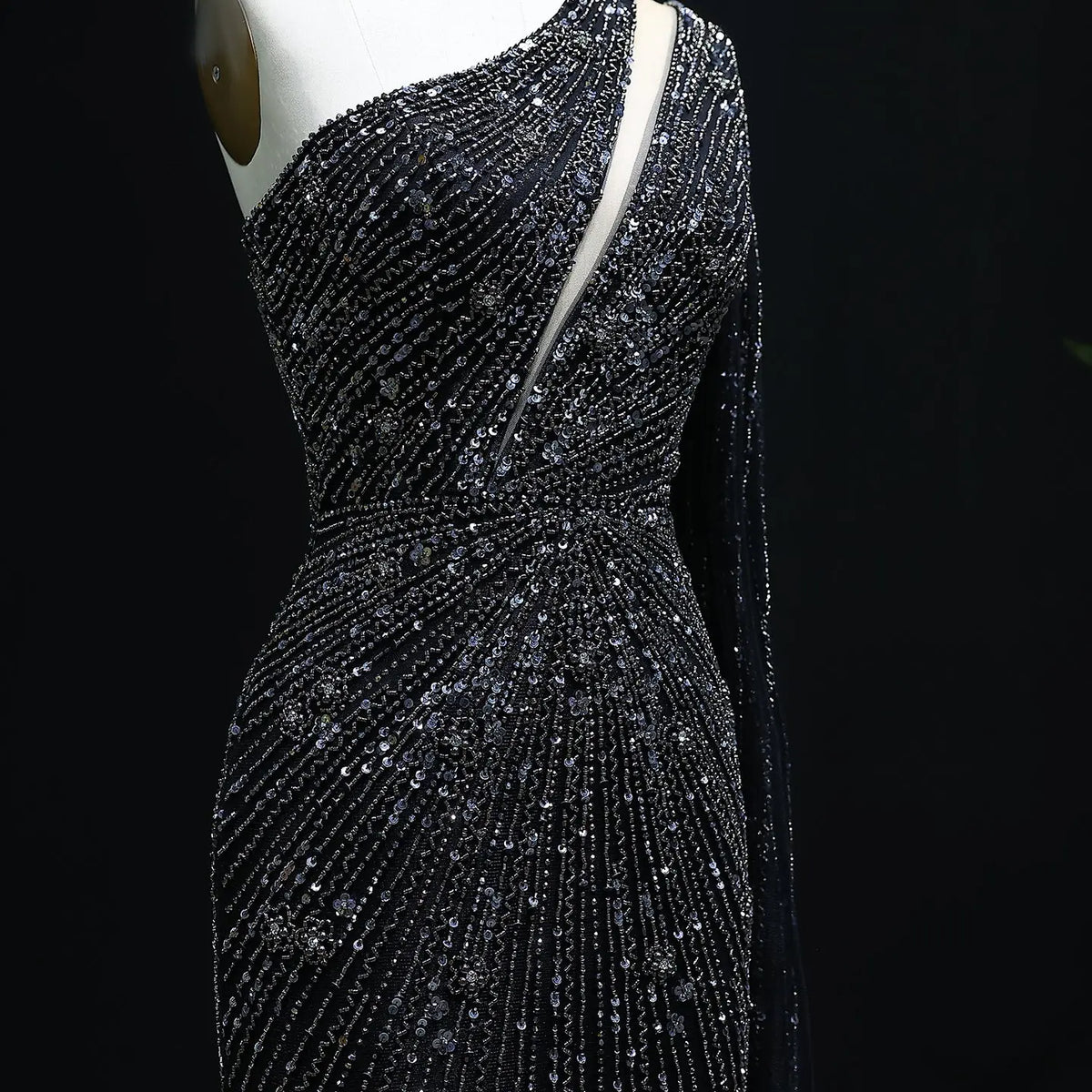 black and silver one shoulder dress MNM Couture G1805