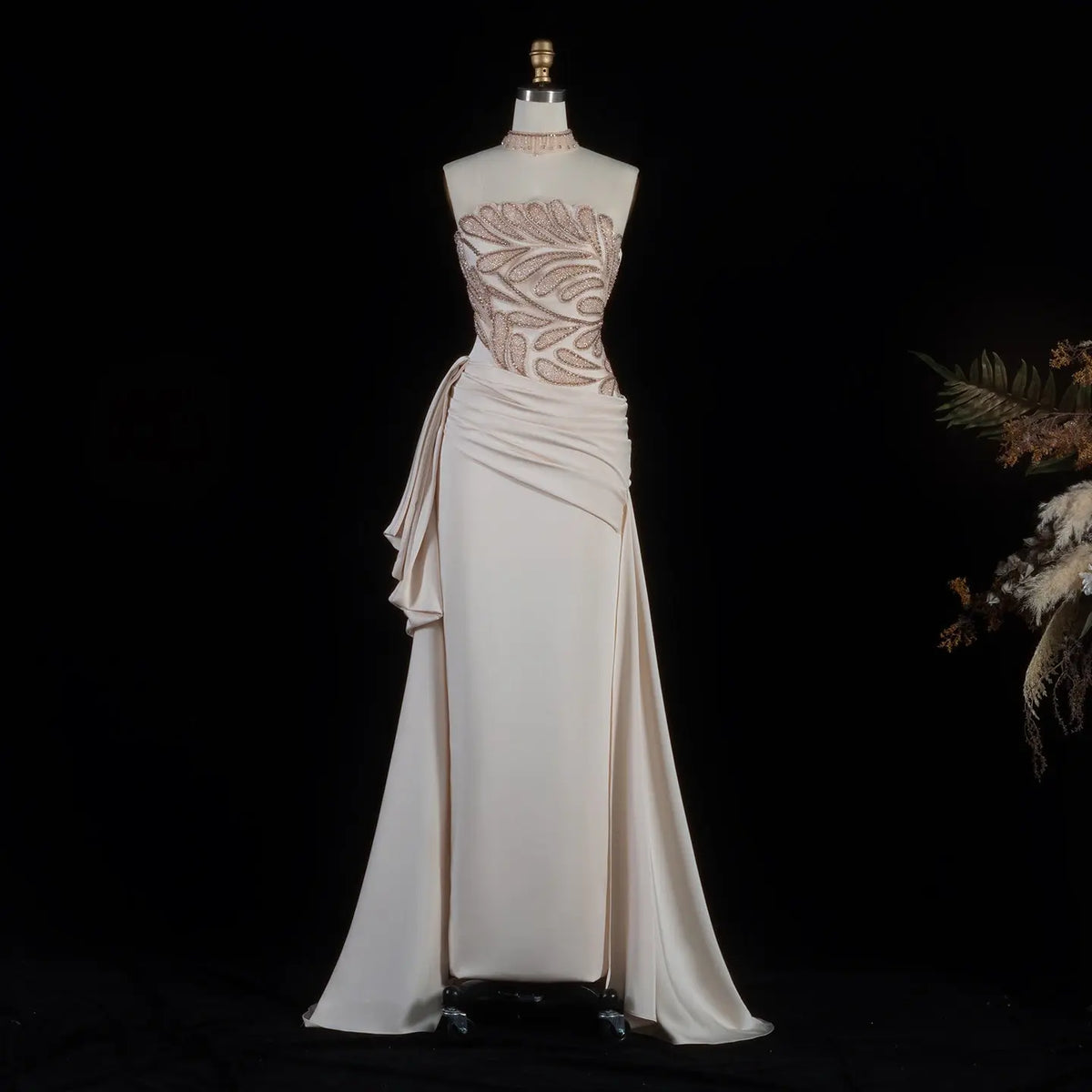 Beige Strapless Beaded Overskirt Evening Dress SS242