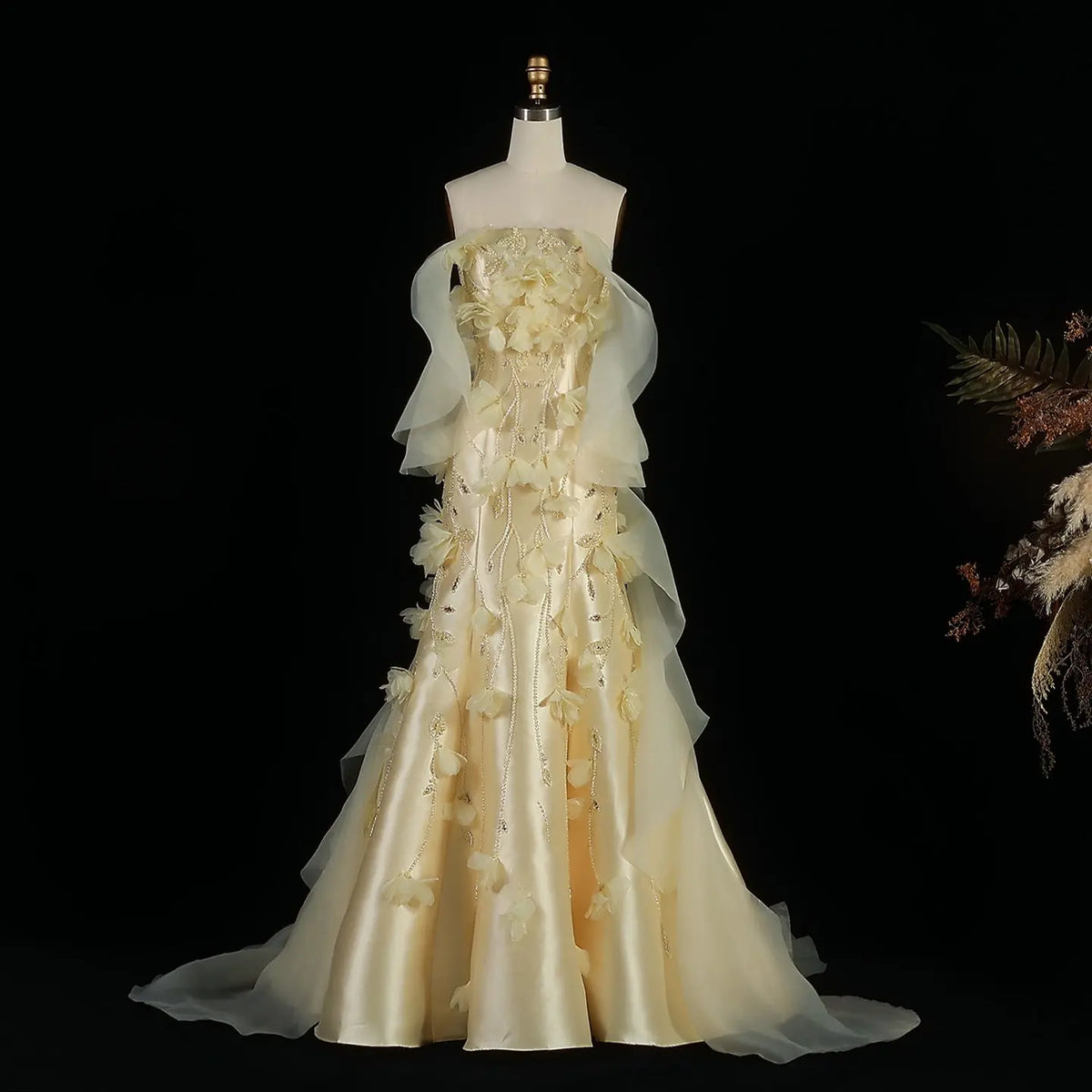 Yellow Off Shoulder 3D Floral Evening Dress SS505