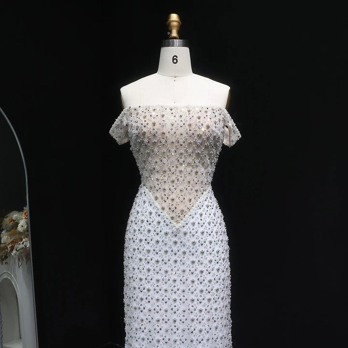 Glamorous Stunning White Sequin Beaded Off-Shoulder Evening Dress SS610 