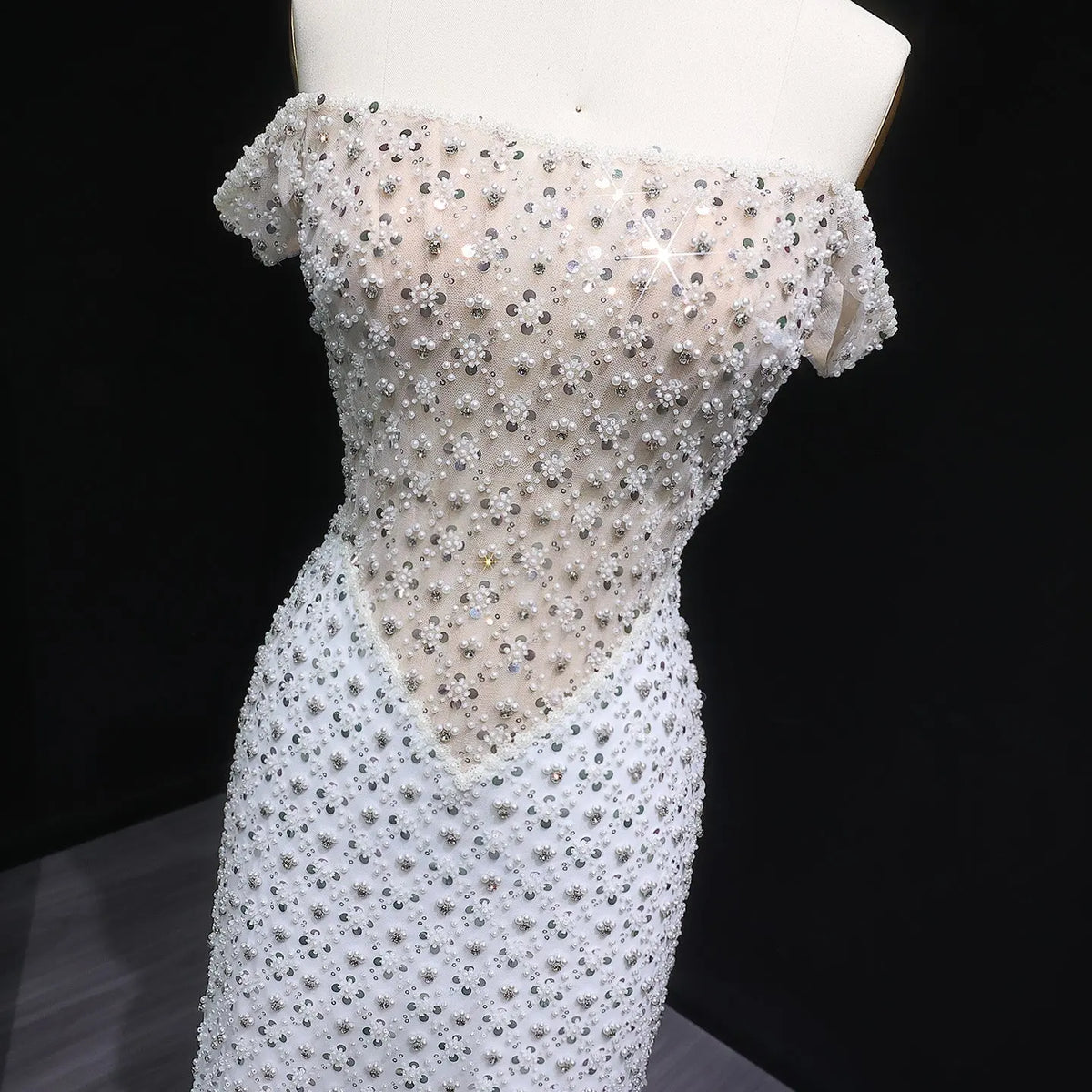 Glamorous Stunning White Sequin Beaded Off-Shoulder Evening Dress SS610 Glamorous Stunning White Sequin Beaded Off-Shoulder Evening Dress SS610