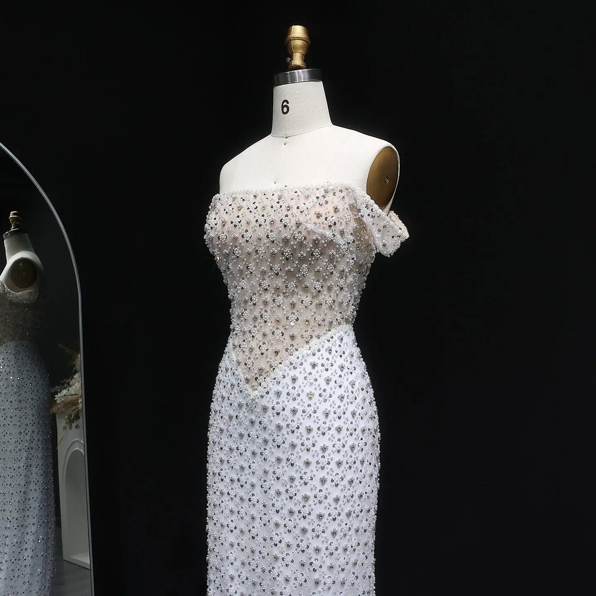 Glamorous Stunning White Sequin Beaded Off-Shoulder Evening Dress SS610 