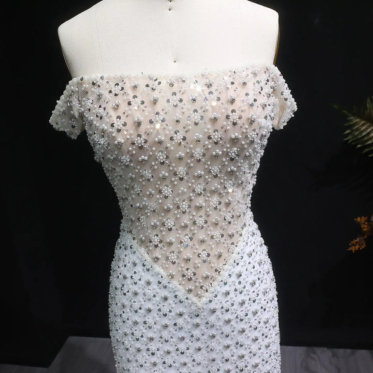 Glamorous Stunning White Sequin Beaded Off-Shoulder Evening Dress SS610 