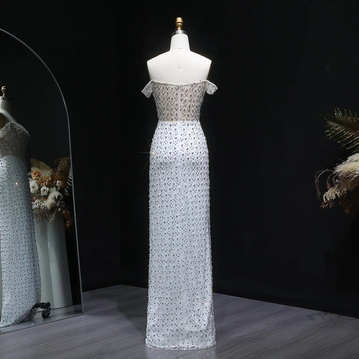 Glamorous Stunning White Sequin Beaded Off-Shoulder Evening Dress SS610 