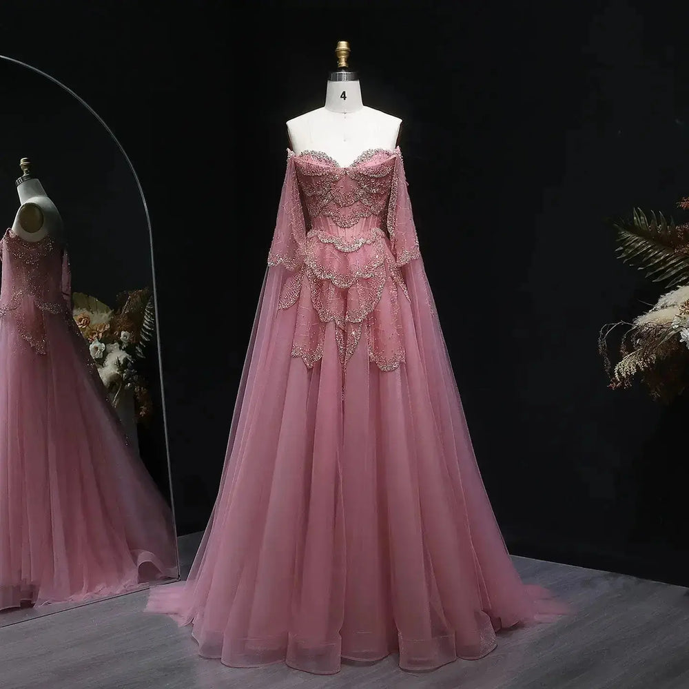 Elegant Off Shoulder Sage Green Evening Dress with Cape Sleeves SS215 