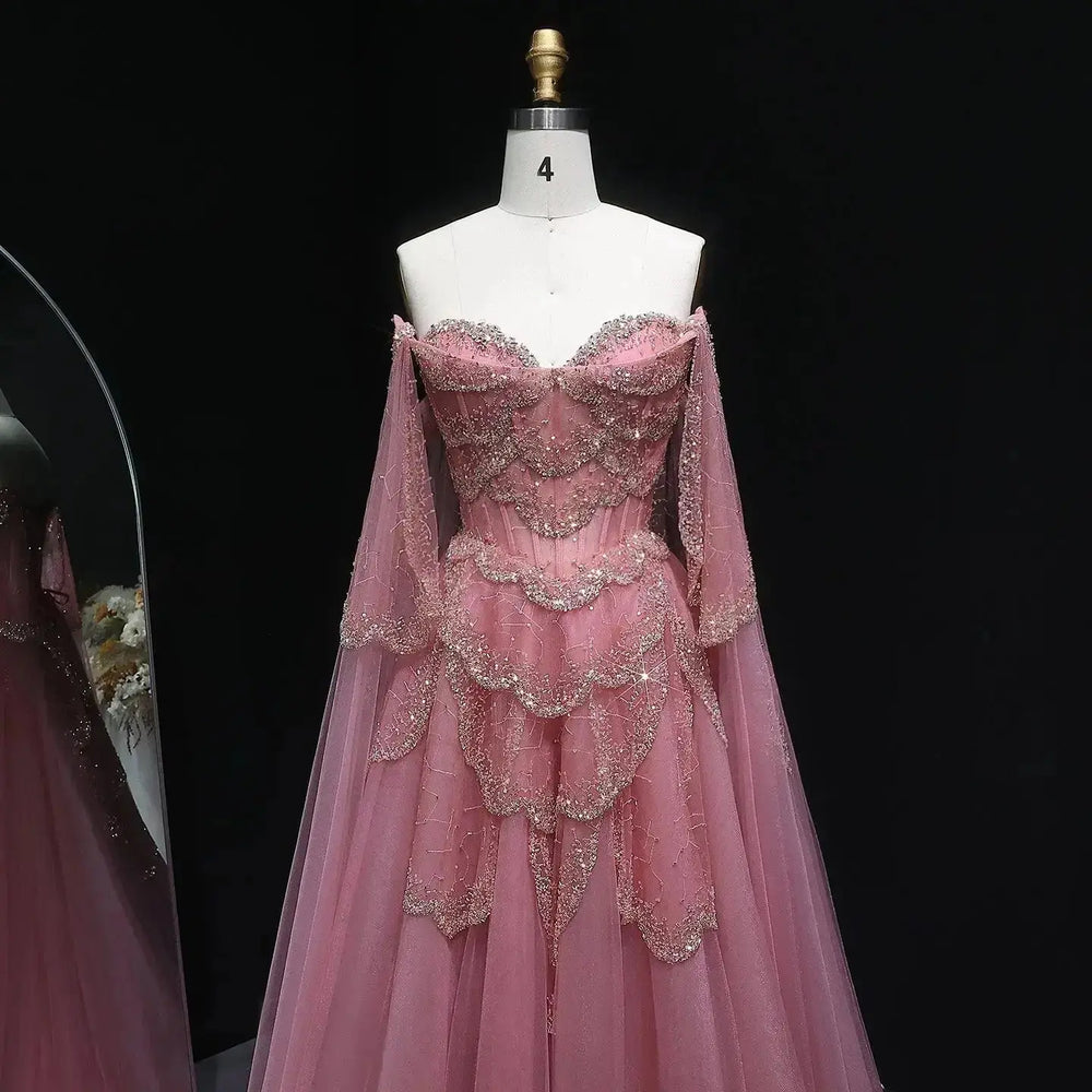 Elegant Off Shoulder Sage Green Evening Dress with Cape Sleeves SS215 