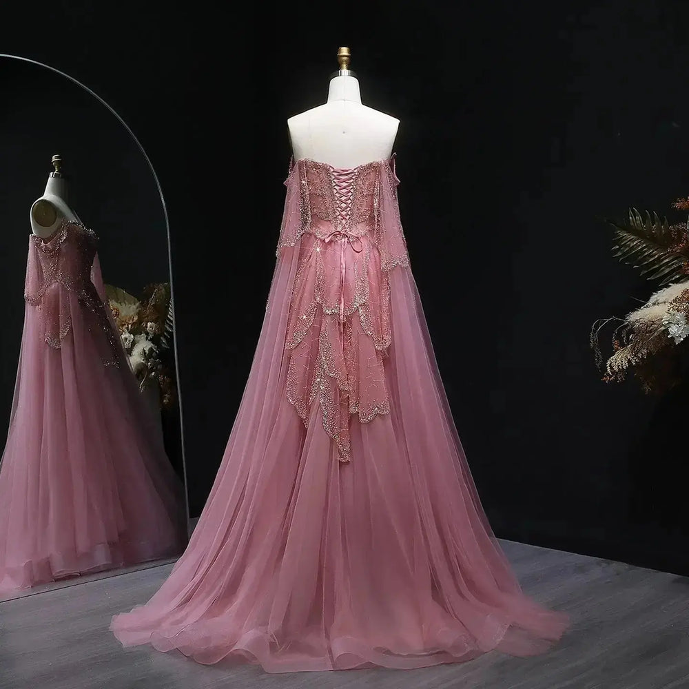 Elegant Off Shoulder Sage Green Evening Dress with Cape Sleeves SS215 