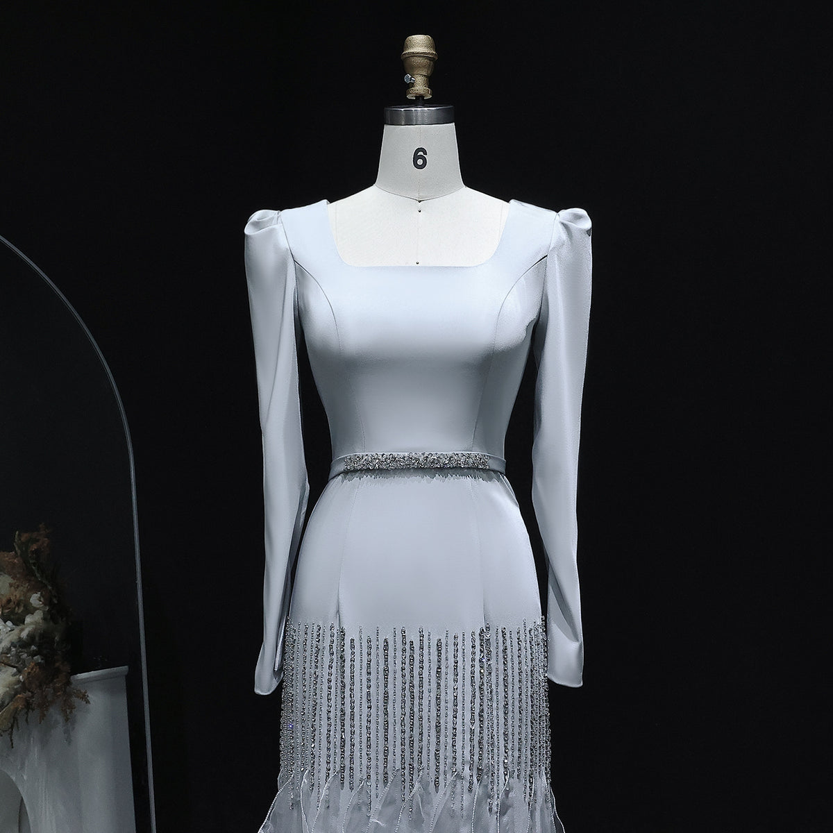 Luxury Gray Crystal Ruffled Long Sleeve Evening Dress XD039 