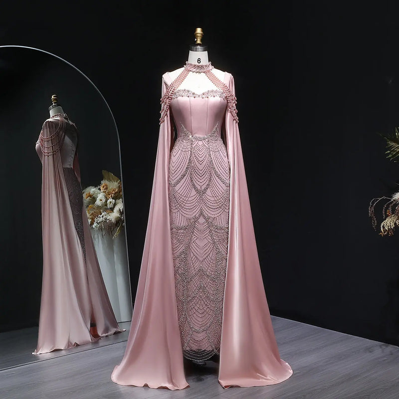 Luxury Pink Beaded Evening Dress with Cape Sleeves SS662 