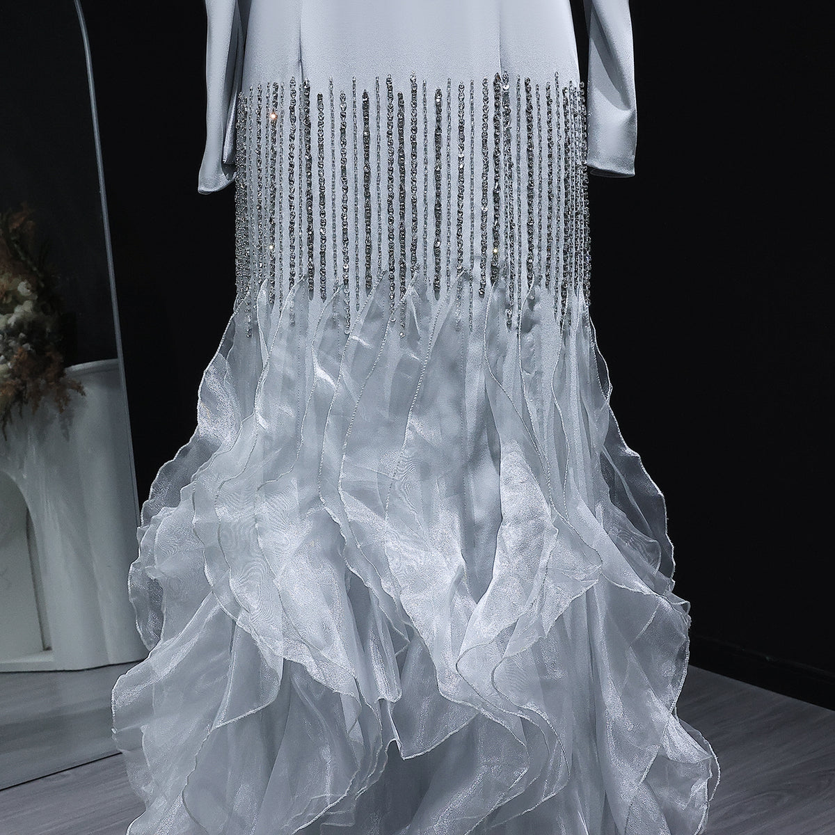 Luxury Gray Crystal Ruffled Long Sleeve Evening Dress XD039 