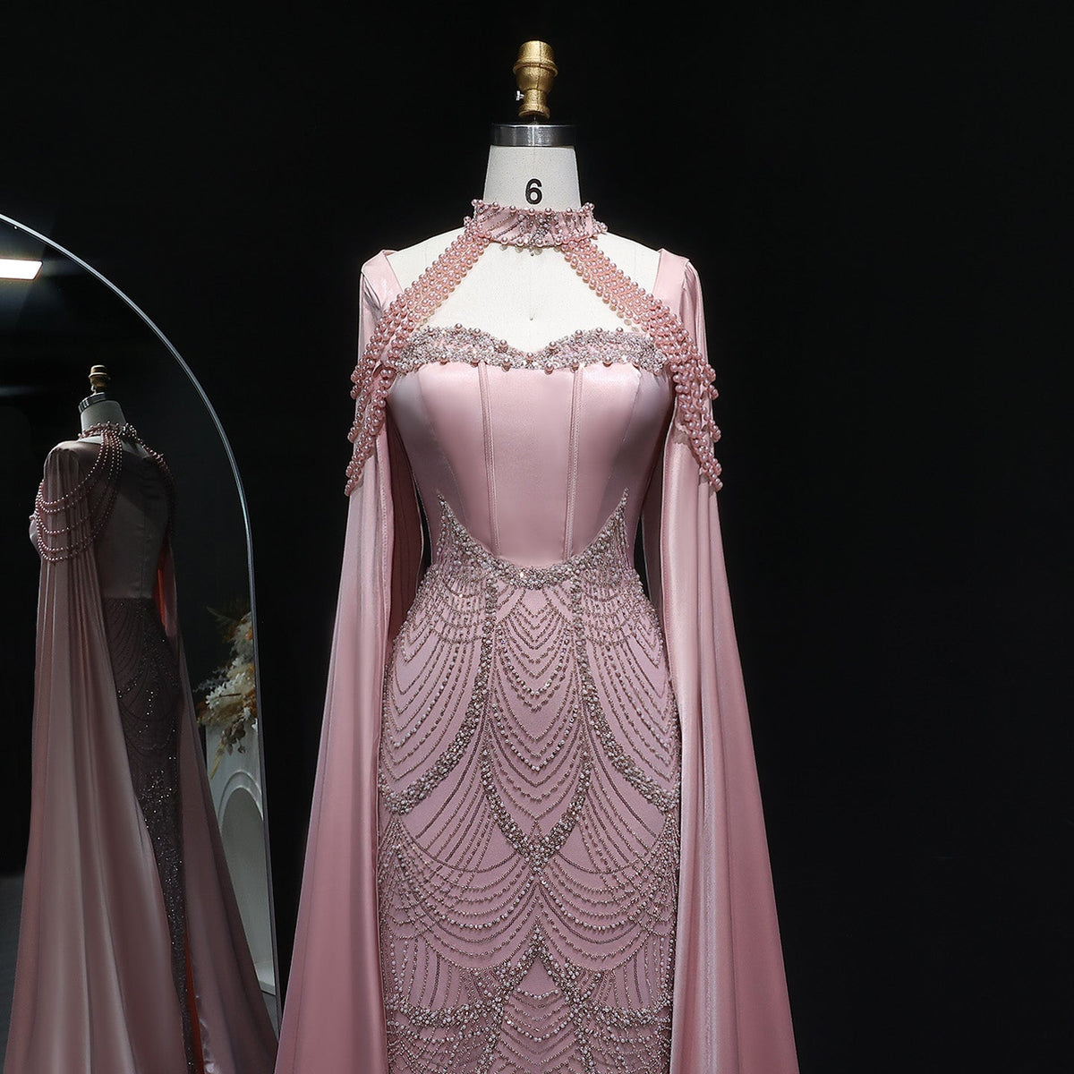 Luxury Pink Beaded Evening Dress with Cape Sleeves SS662