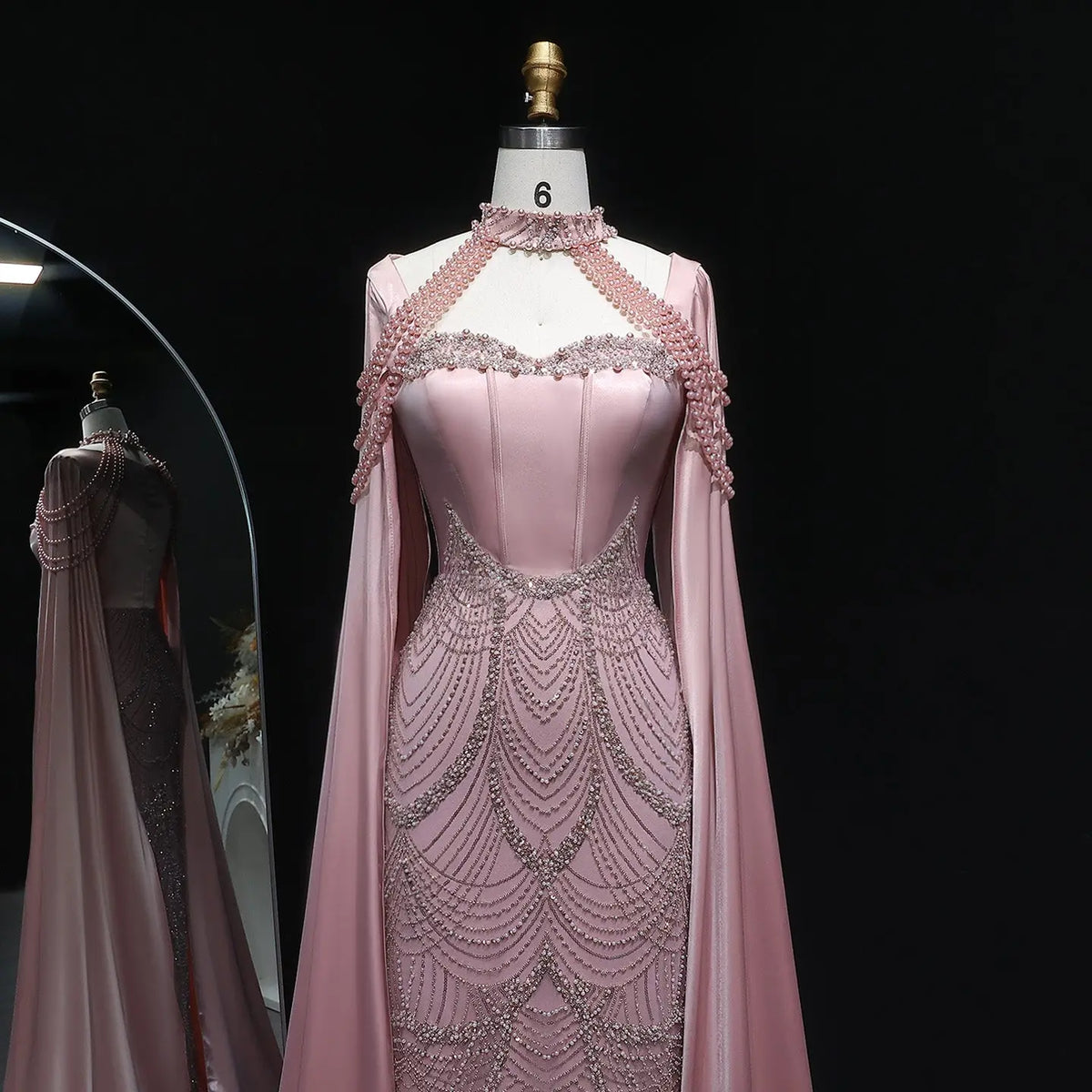 Luxury Pink Beaded Evening Dress with Cape Sleeves SS662 