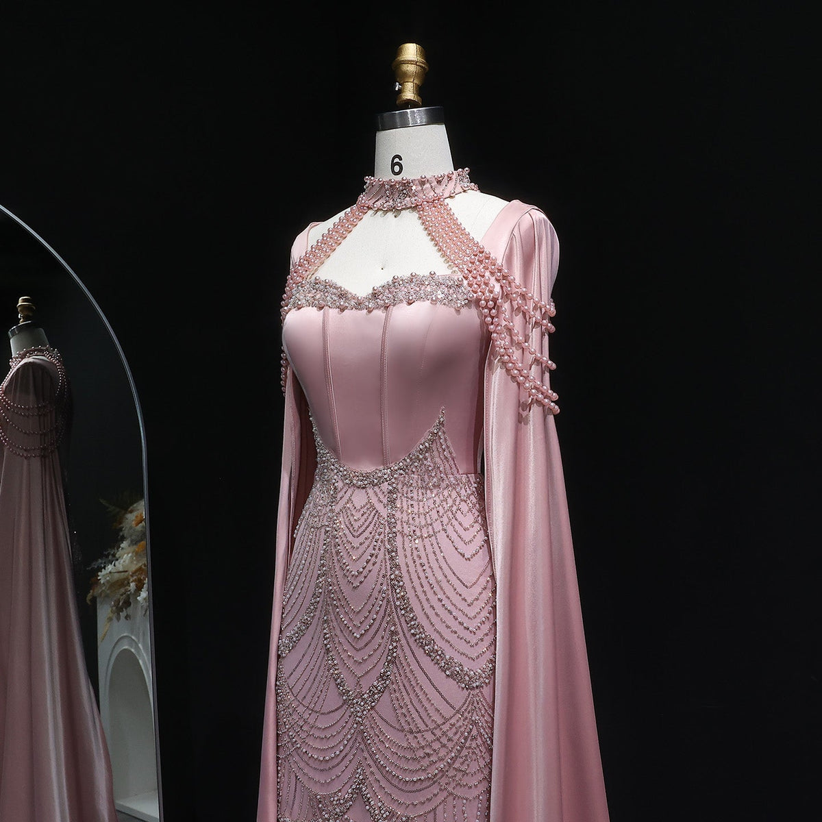 Luxury Pink Beaded Evening Dress with Cape Sleeves SS662