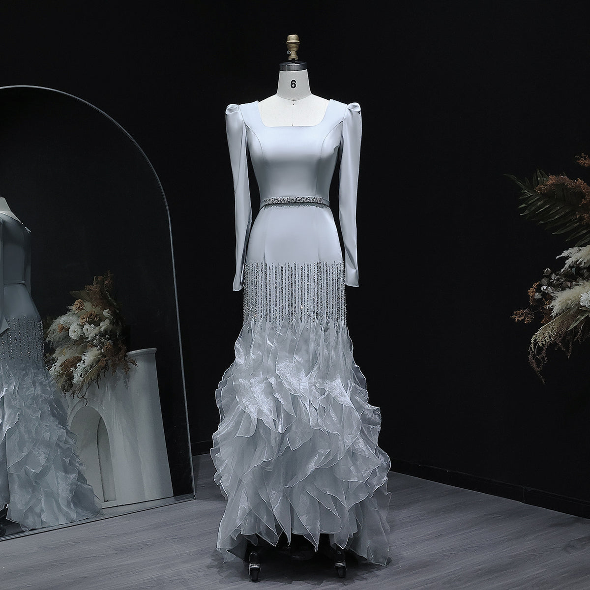 Luxury Gray Crystal Ruffled Long Sleeve Evening Dress XD039 