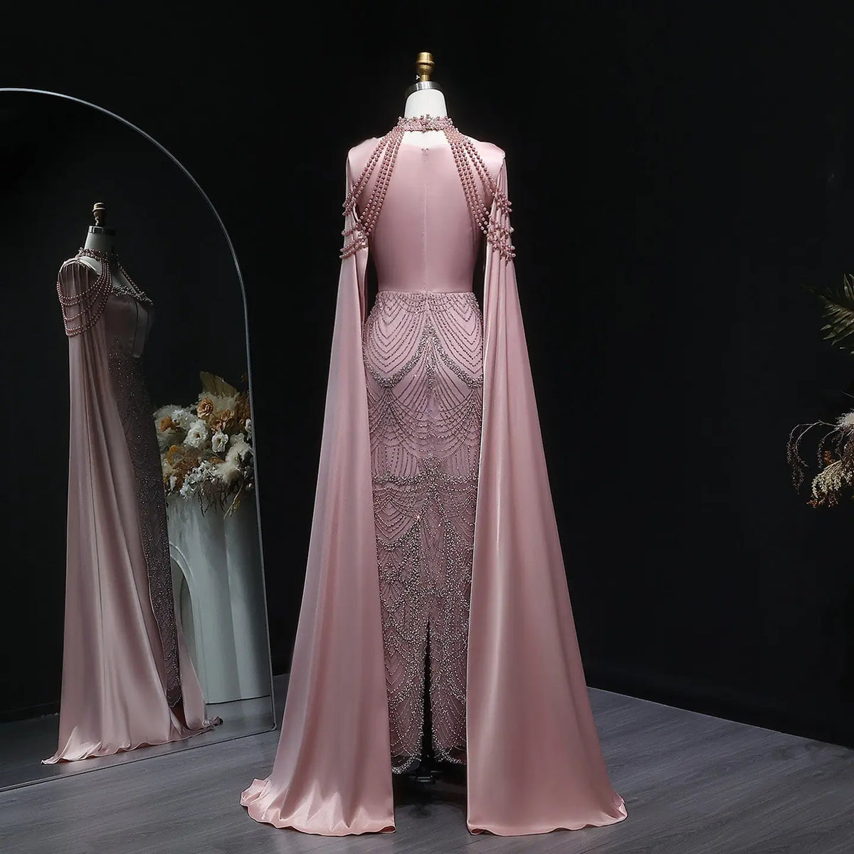 Luxury Pink Beaded Evening Dress with Cape Sleeves SS662 Luxury Pink Beaded Evening Dress with Cape Sleeves SS662