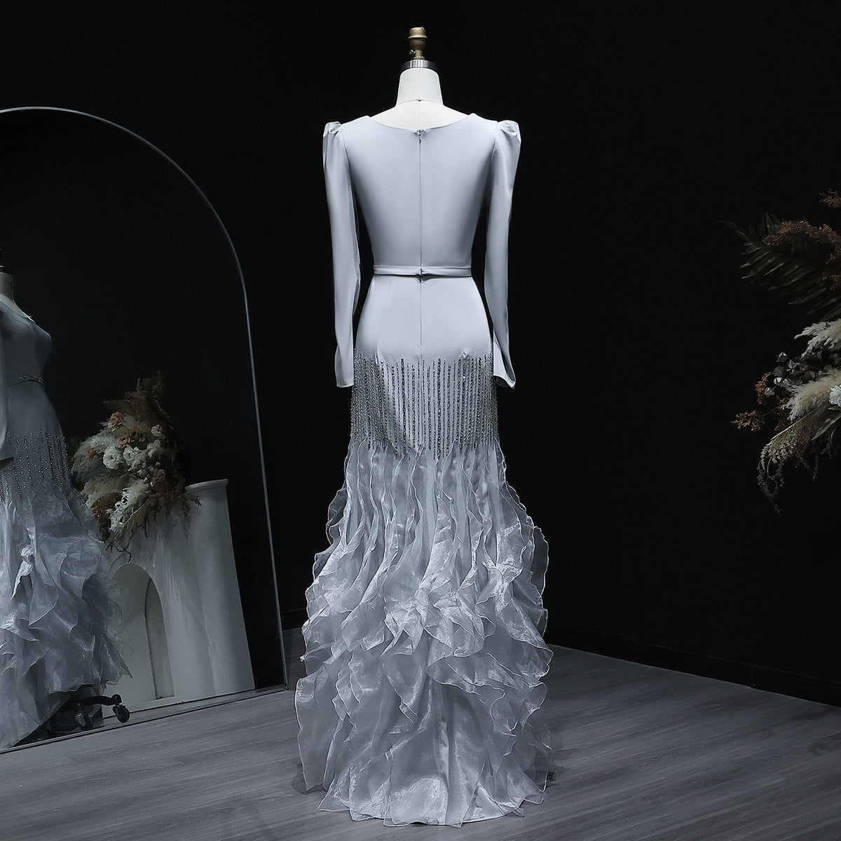 Luxury Gray Crystal Ruffled Long Sleeve Evening Dress XD039 