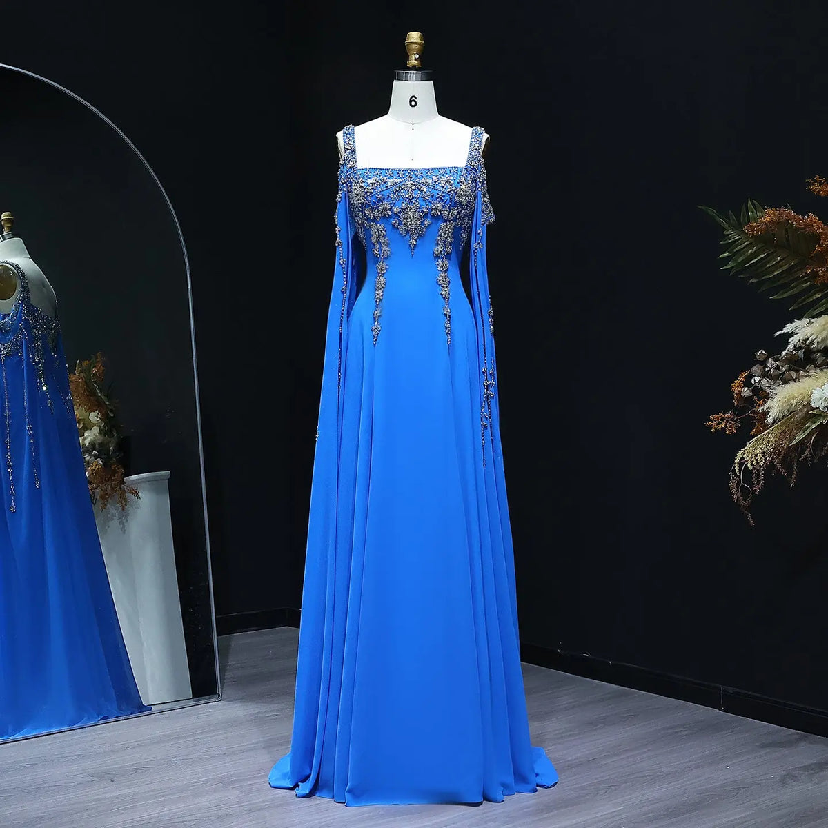 Chic Blue Crystal Evening Dress with Flowing Cape Sleeve SS305 Chic Blue Crystal Evening Dress with Flowing Cape Sleeve SS305