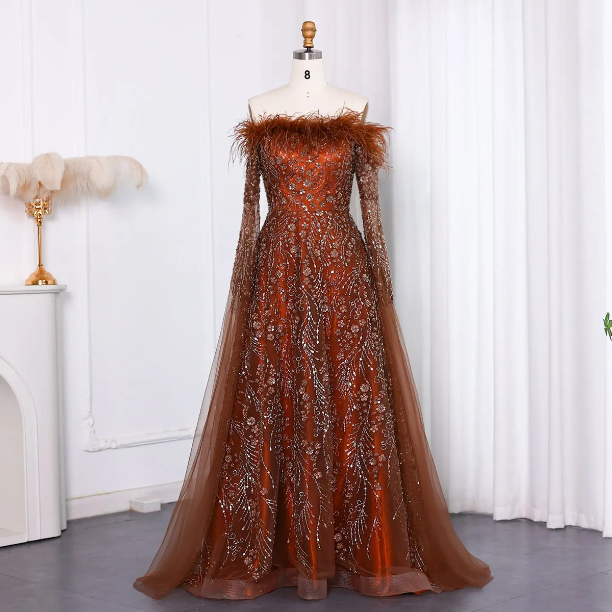 Off Shoulder Feathers Brown Evening Dress with Cape Sleeves SS707 - SHARONSAID Off Shoulder Feathers Brown Evening Dress with Cape Sleeves SS707 - SHARONSAID