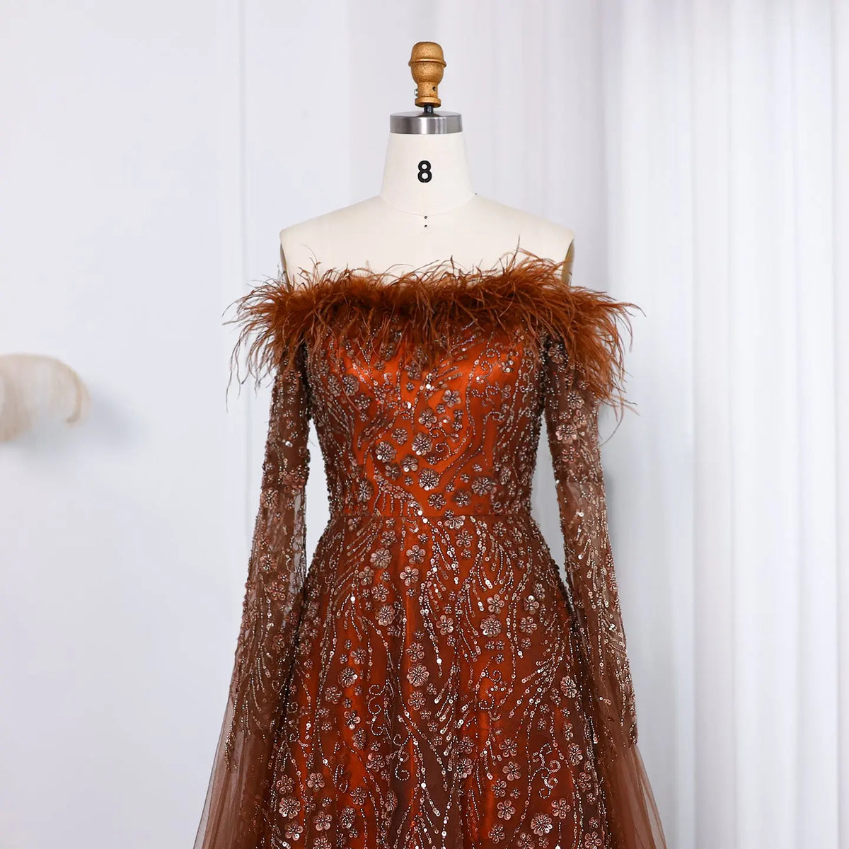 Off Shoulder Feathers Brown Evening Dress with Cape Sleeves SS707 Off Shoulder Feathers Brown Evening Dress with Cape Sleeves SS707