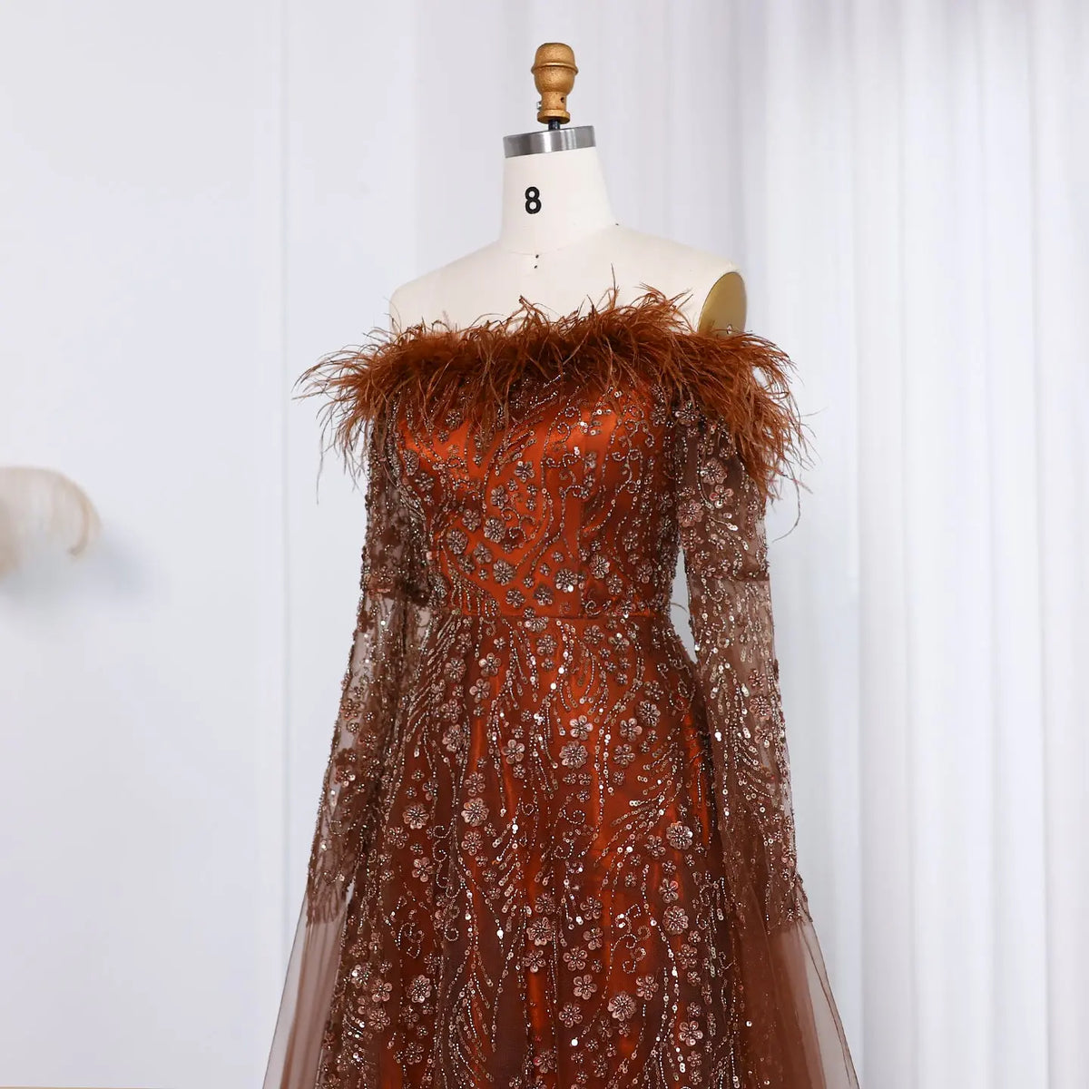 Off Shoulder Feathers Brown Evening Dress with Cape Sleeves SS707 - SHARONSAID Off Shoulder Feathers Brown Evening Dress with Cape Sleeves SS707 - SHARONSAID