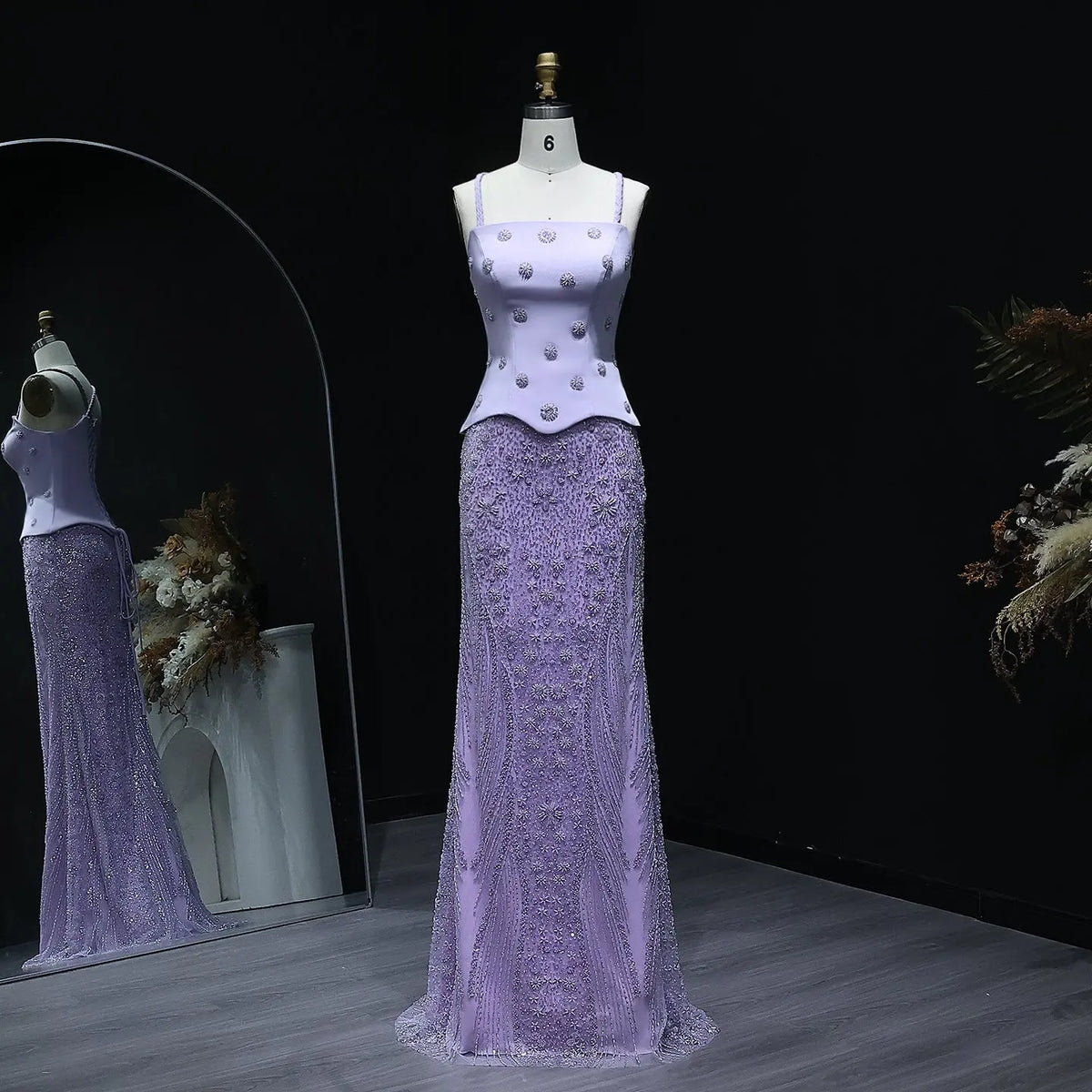 lilac two piece prom dress Lilac Lace & Tulle Halter Neck Two-piece Prom Dress