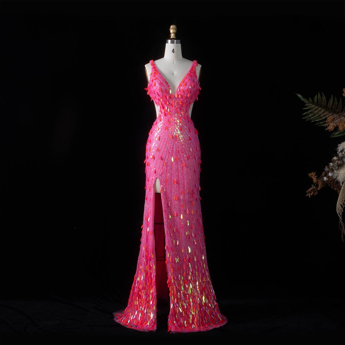 Luxury Fuchsia Deep V Sequin Cutout High-Slit Mermaid Prom Dress SH351 