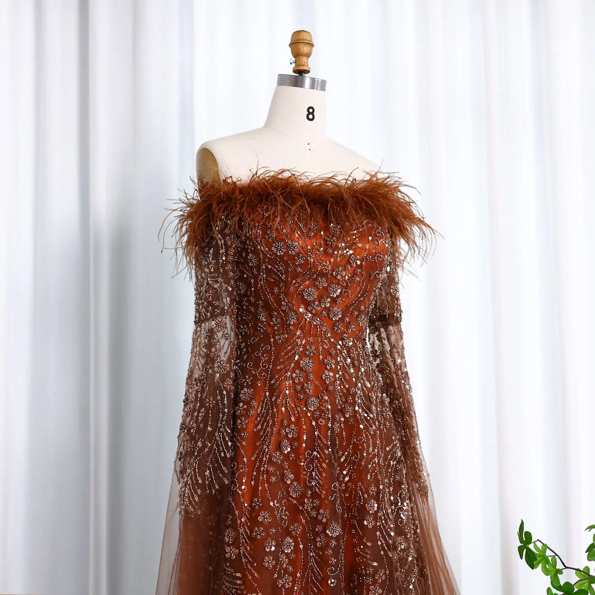 Off Shoulder Feathers Brown Evening Dress with Cape Sleeves SS707 - SHARONSAID Off Shoulder Feathers Brown Evening Dress with Cape Sleeves SS707 - SHARONSAID