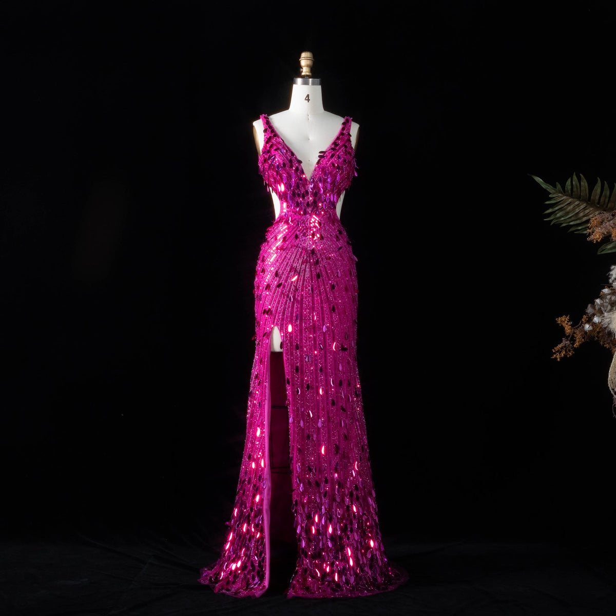 Luxury Fuchsia Deep V Sequin Cutout High-Slit Mermaid Prom Dress SH351 