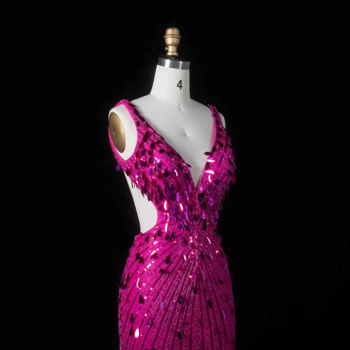 Luxury Fuchsia Deep V Sequin Cutout High-Slit Mermaid Prom Dress SH351 
