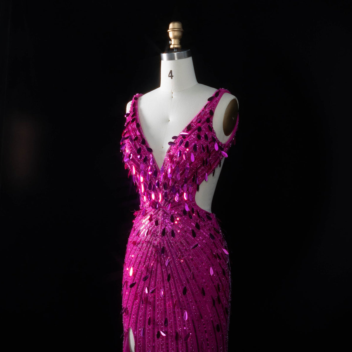 Luxury Fuchsia Deep V Sequin Cutout High-Slit Mermaid Prom Dress SH351 