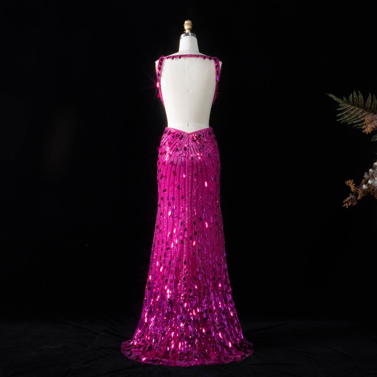 Luxury Fuchsia Deep V Sequin Cutout High-Slit Mermaid Prom Dress SH351 