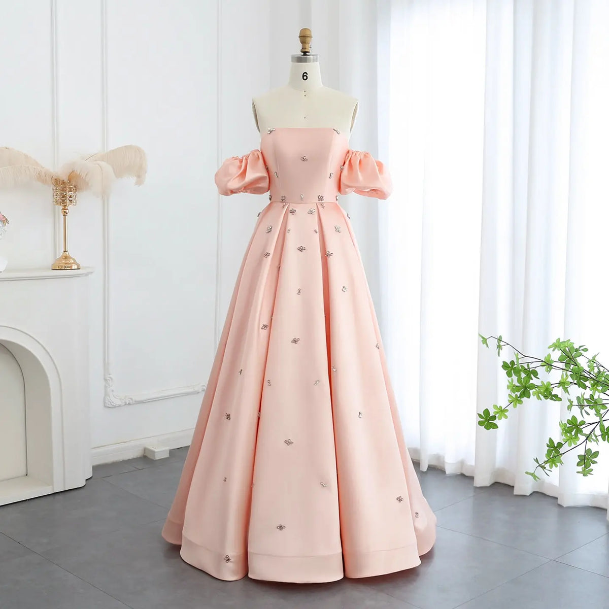 For Sale Crystal Blush Pink Satin Off-Shoulder Evening Dresses SS442 For Sale Crystal Blush Pink Satin Off-Shoulder Evening Dresses SS442
