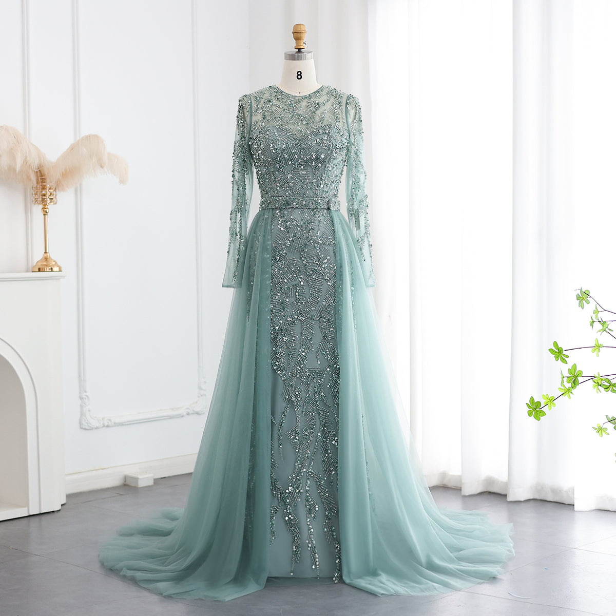 Luxury Turquoise Long Sleeve Evening Dress with Overskirt SS183