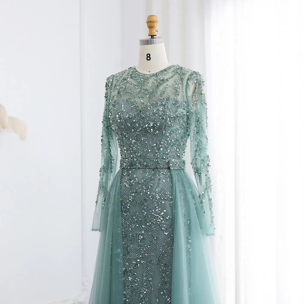 Luxury Turquoise Long Sleeve Evening Dress with Overskirt SS183 Luxury Turquoise Long Sleeve Evening Dress with Overskirt SS183