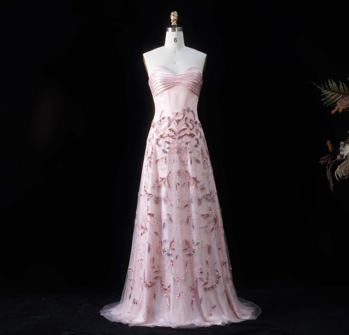 Luxury Pink Embroidered Beaded Strapless Fitted Evening Dress SS529 