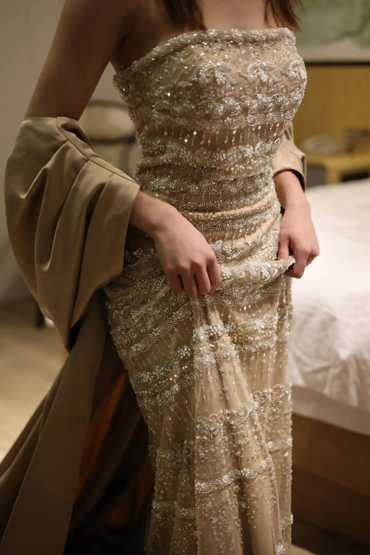 Luxury Sage Green Beaded Evening Dress with Cape SS238 Luxury Sage Green Beaded Evening Dress with Cape SS238