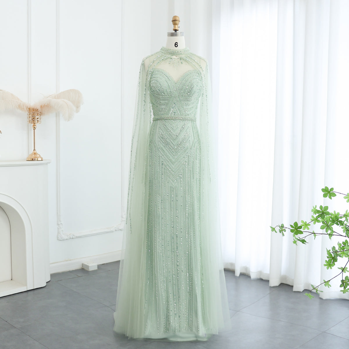 Sharon Said Luxury Nude Mermaid Evening Dress with Cape Sleeve High Neck Sage Green Arabic Women Long Wedding Party Gowns SS164