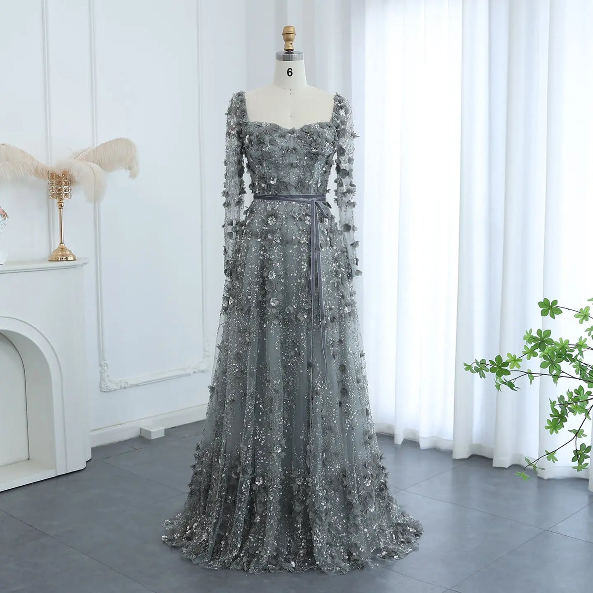 Final Sale Luxury 3D Flower Gray Long Sleeves Evening Dress SS353 Final Sale Luxury 3D Flower Gray Long Sleeves Evening Dress SS353