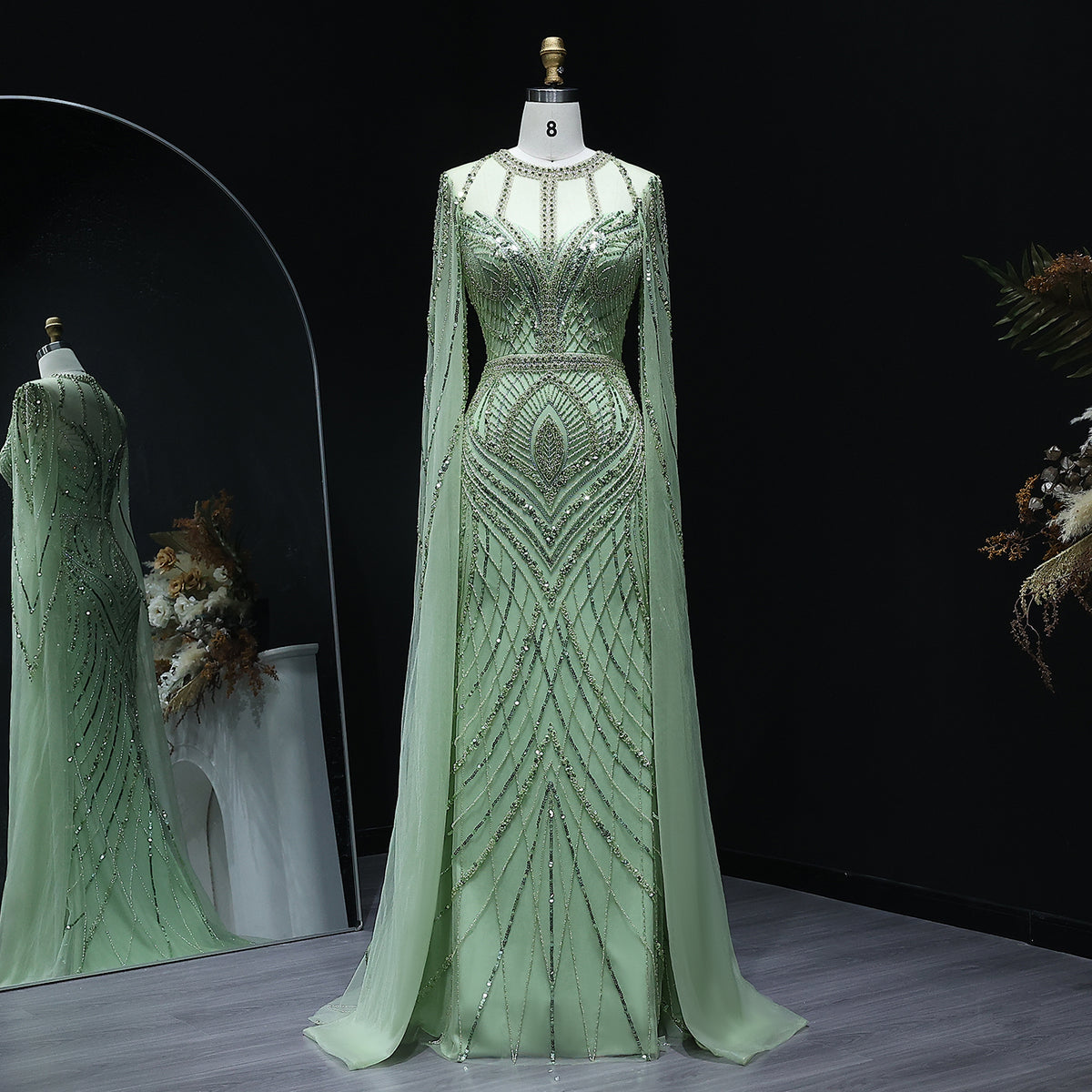 Luxury Green Mermaid Evening Dress with Cape Sleeves SS042