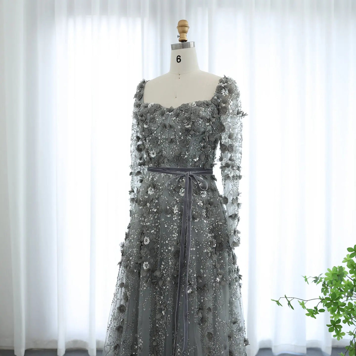 Luxury 3D Flower Gray Long Sleeves Evening Dress SS353 - SHARONSAID Luxury 3D Flower Gray Long Sleeves Evening Dress SS353 - SHARONSAID