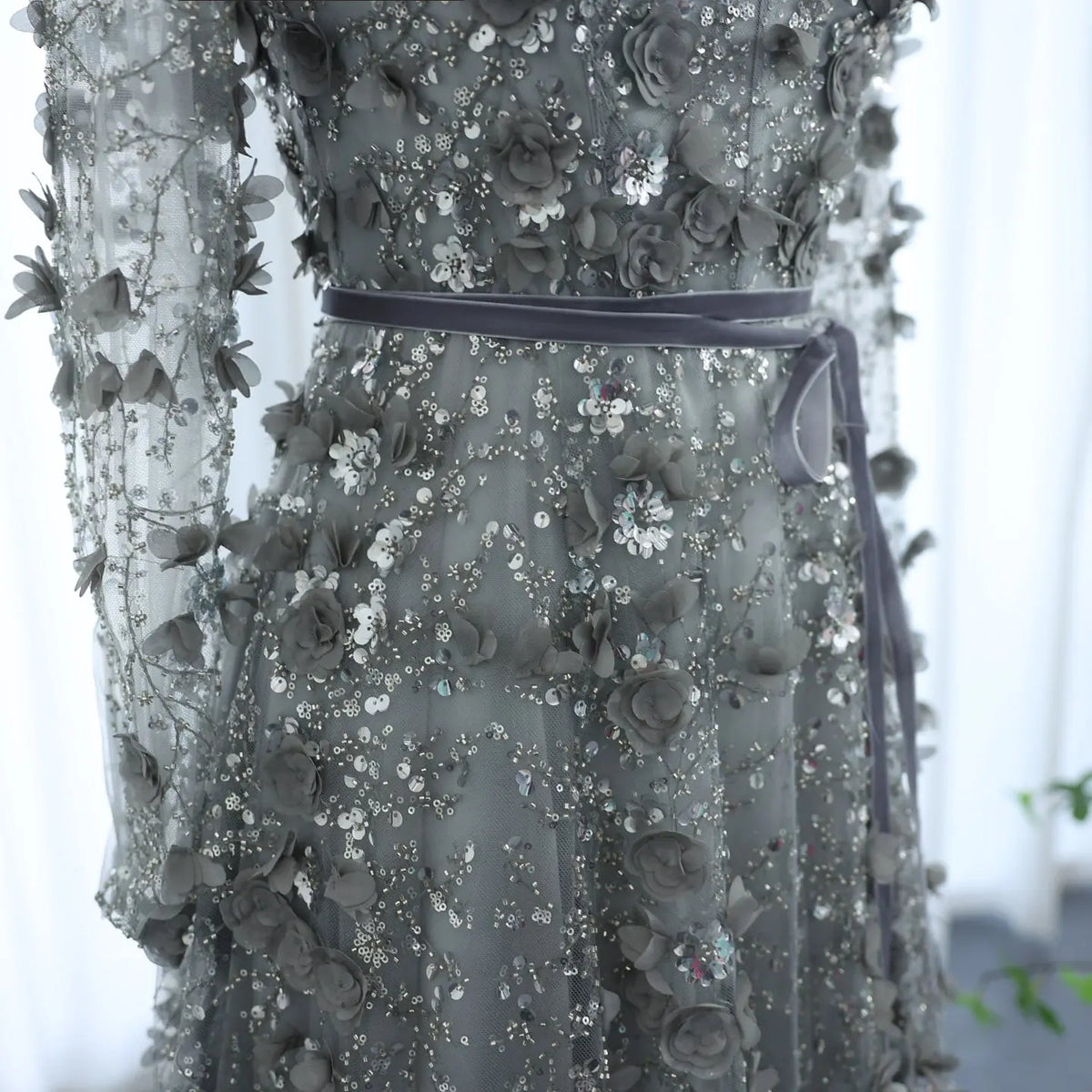 Luxury 3D Flower Gray Long Sleeves Evening Dress SS353 - SHARONSAID Luxury 3D Flower Gray Long Sleeves Evening Dress SS353 - SHARONSAID