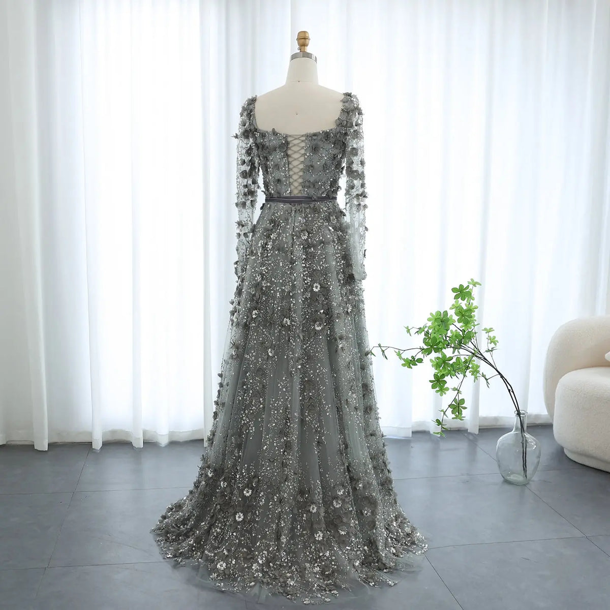 Final Sale Luxury 3D Flower Gray Long Sleeves Evening Dress SS353 Final Sale Luxury 3D Flower Gray Long Sleeves Evening Dress SS353