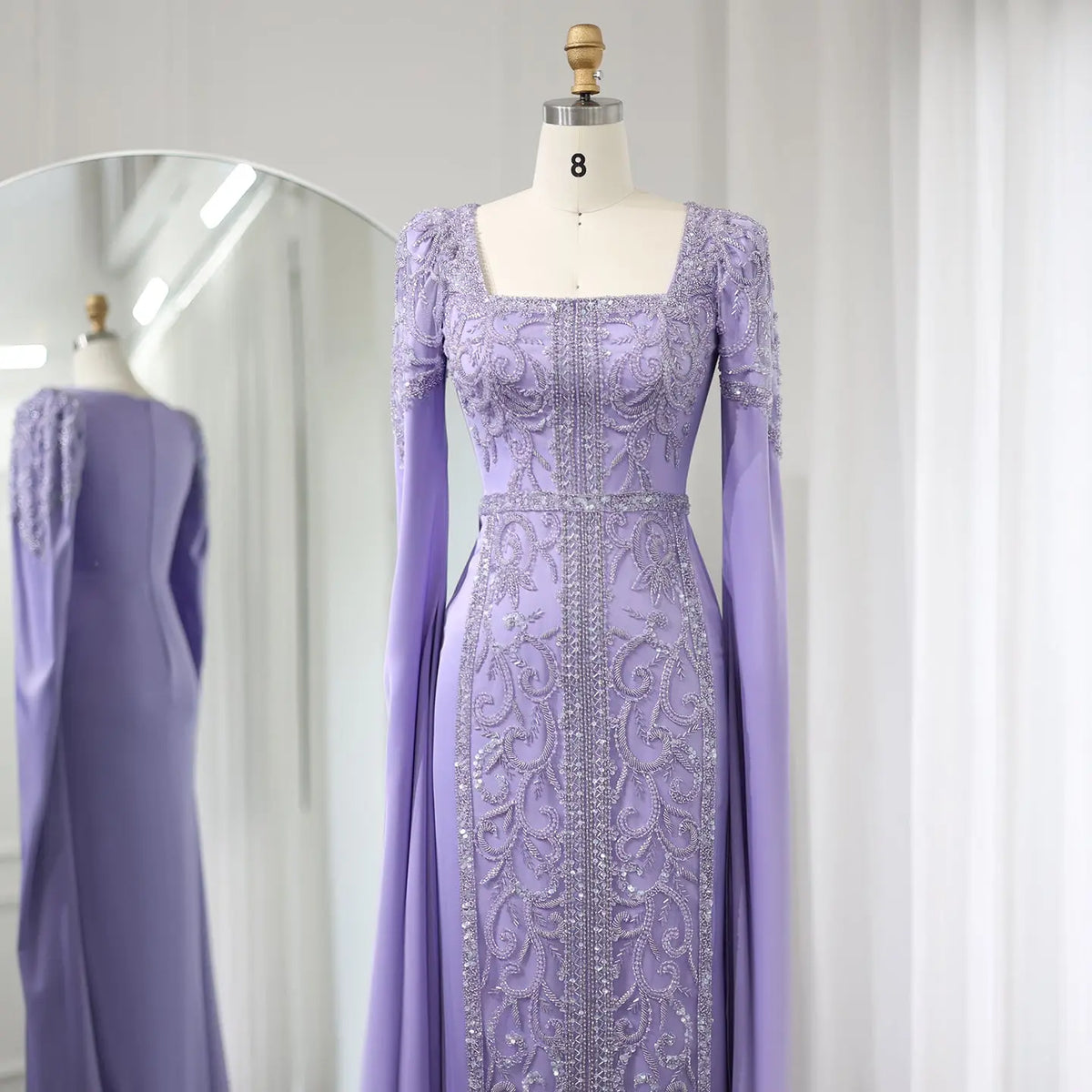 long sleeves muslim party dresses with cape sleeves covered Glitter Hijab Evening Dress A-Line Beaded Long Sleeve