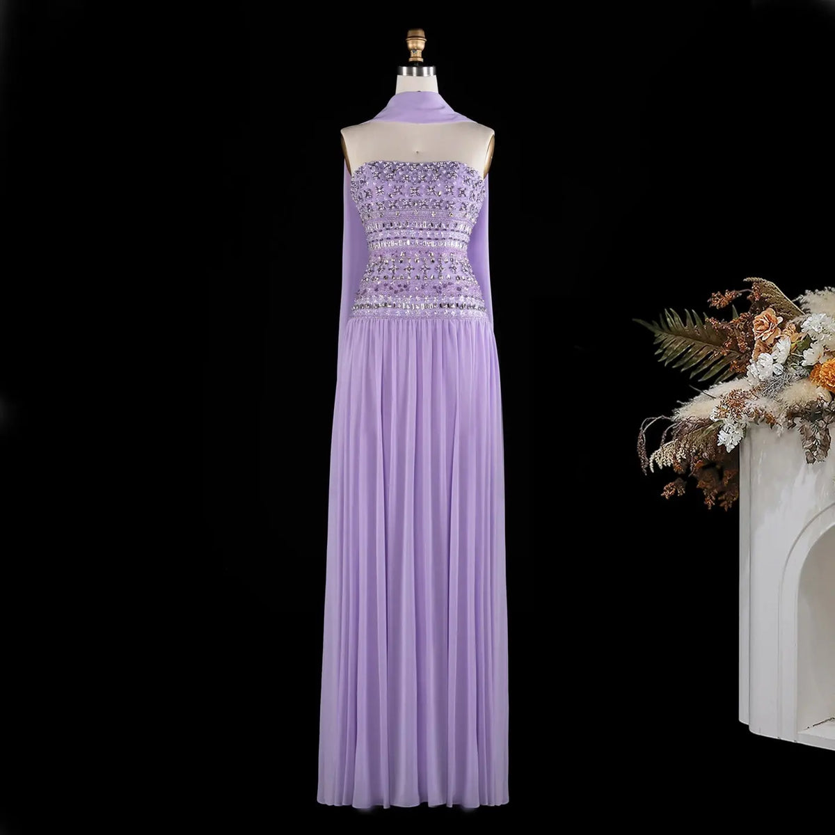 Strapless Lilac Beaded Bodice Evening Dress SS539