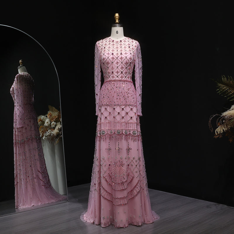 Luxury Pink Crystal Beaded Long Sleeve Embroidered Evening Dress SS220 