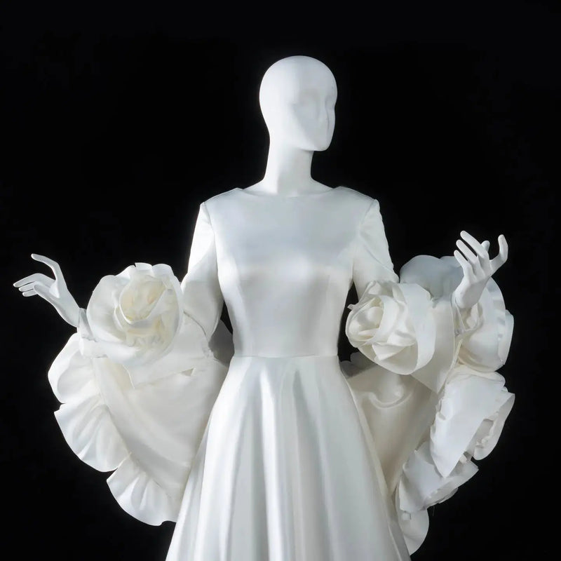 Ivory  Romantic A-Line Satin Wedding Dress 3D Rose Floral With Veil  SW661 