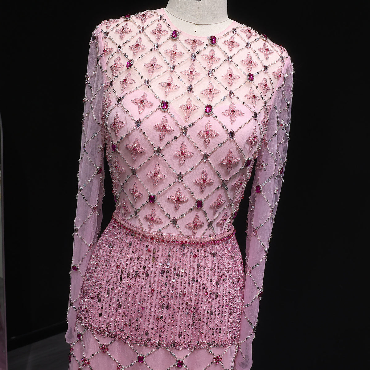 Luxury Pink Crystal Beaded Long Sleeve Embroidered Evening Dress SS220 