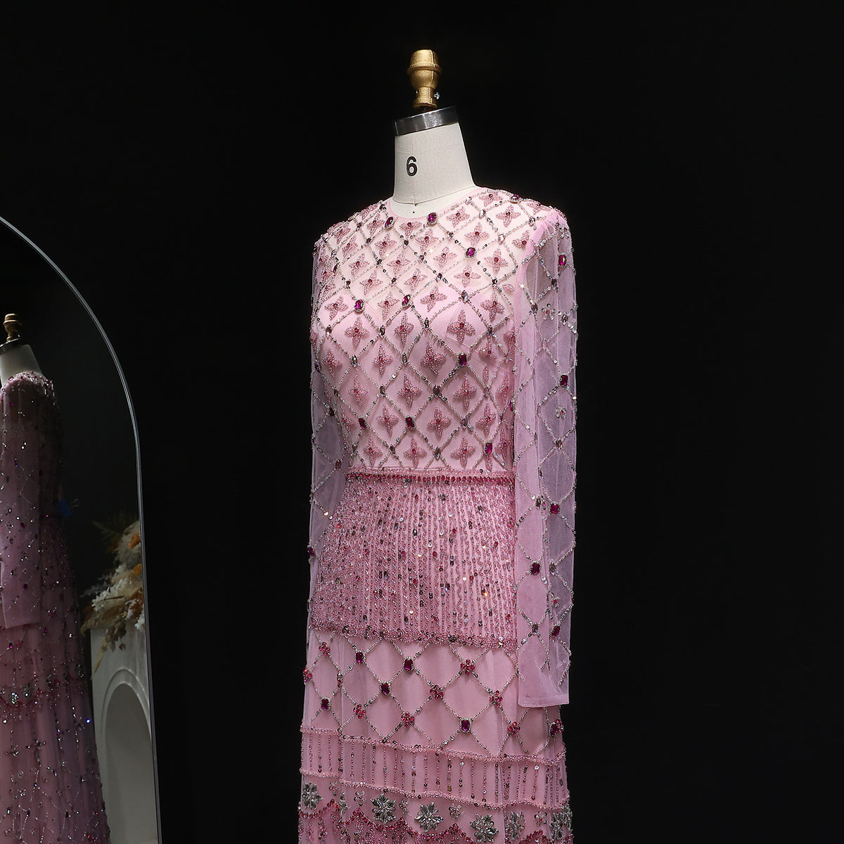 Luxury Pink Crystal Beaded Long Sleeve Embroidered Evening Dress SS220 